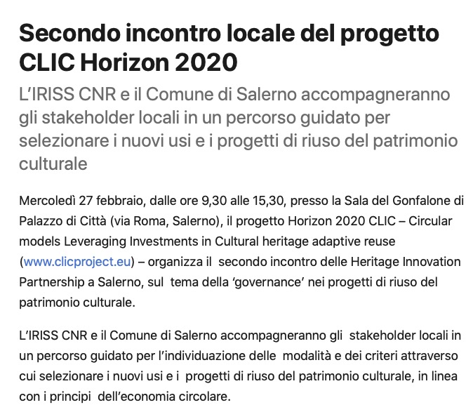 Secondo incontro locale del progetto CLIC Horizon 2020